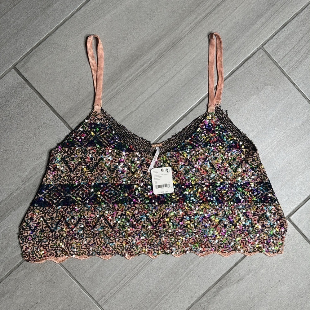 Free People Twilight Rose Combo Tank Sequin Crop Camisole in Pink and Blue NWT - Picture 3 of 10
